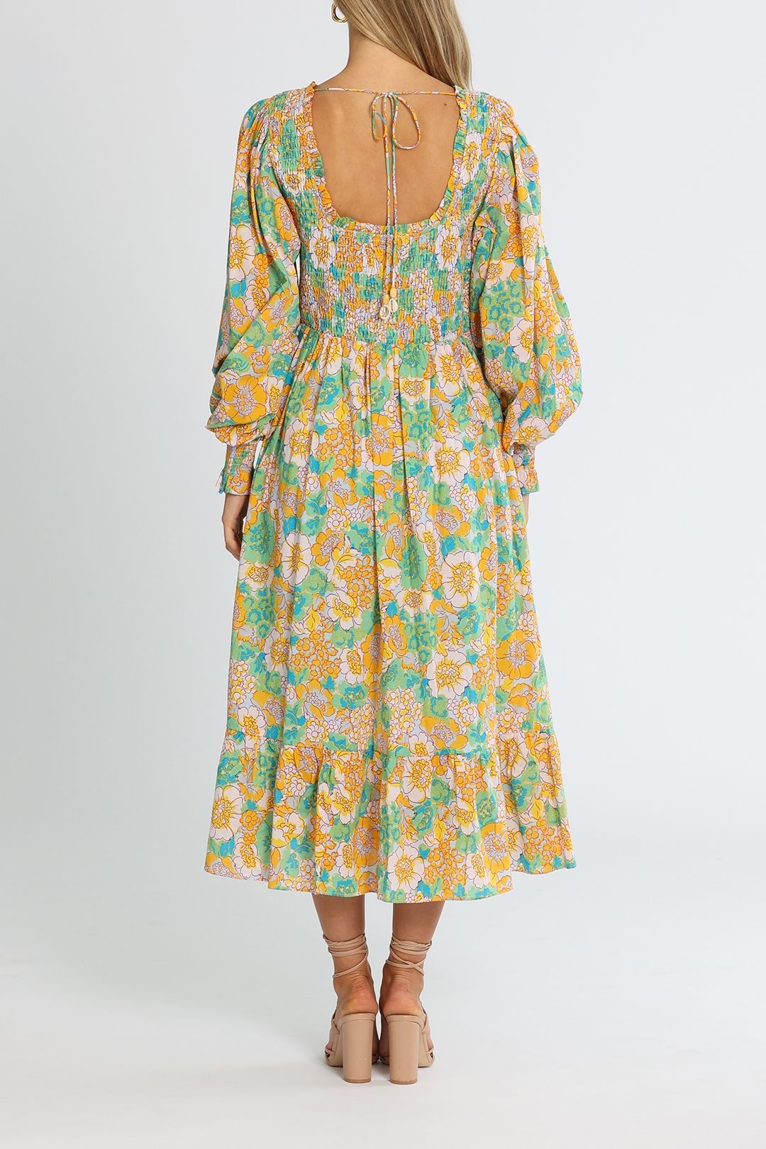 Bohemian Traders Shirred Bodice With Square Neckline Midi Dress Multi Cotton Voile Ruffled Hem