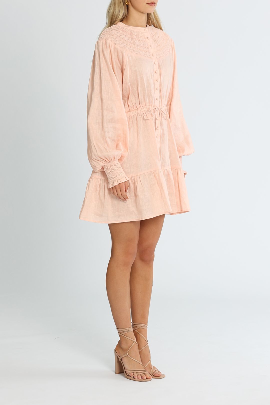 Bohemian Traders Shirred Yoke Dress Mini Soft Pink Linen Long Sleeves