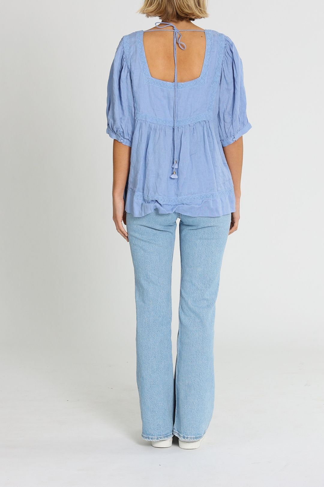 Bohemian Traders Square Neckline Lace Trim Top Periwinkle Tie Neck