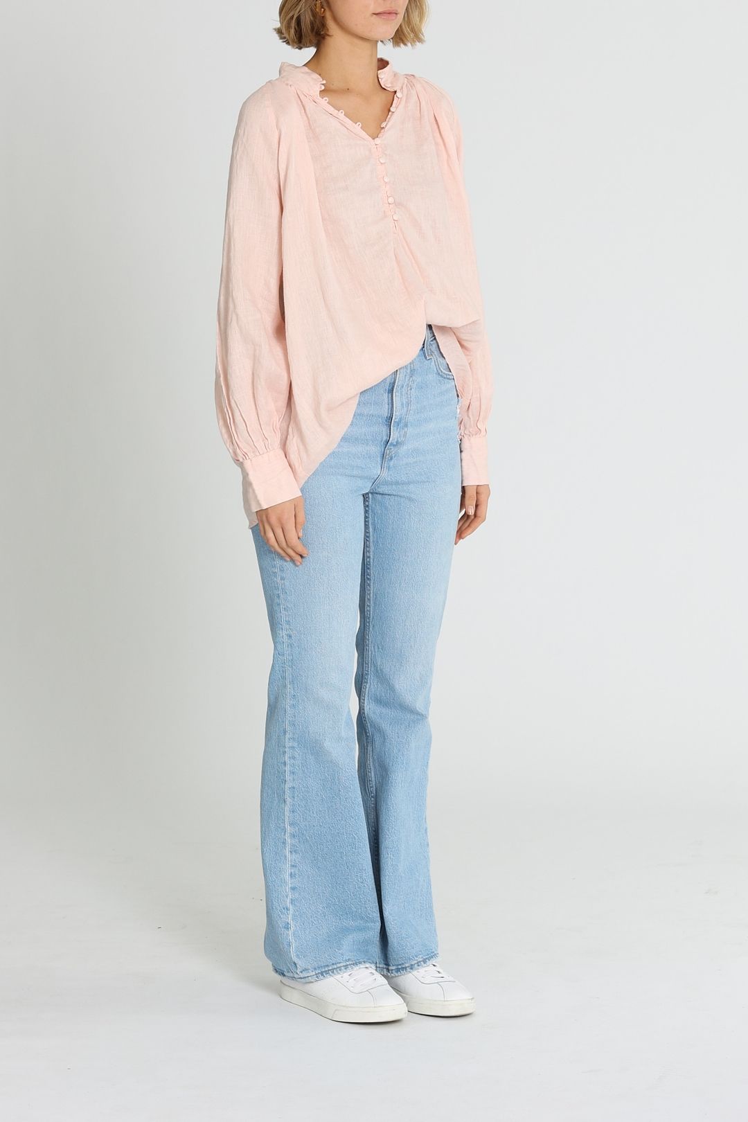 Bohemian Traders Wide Collar Button Up Top Soft Pink Linen Long Sleeves