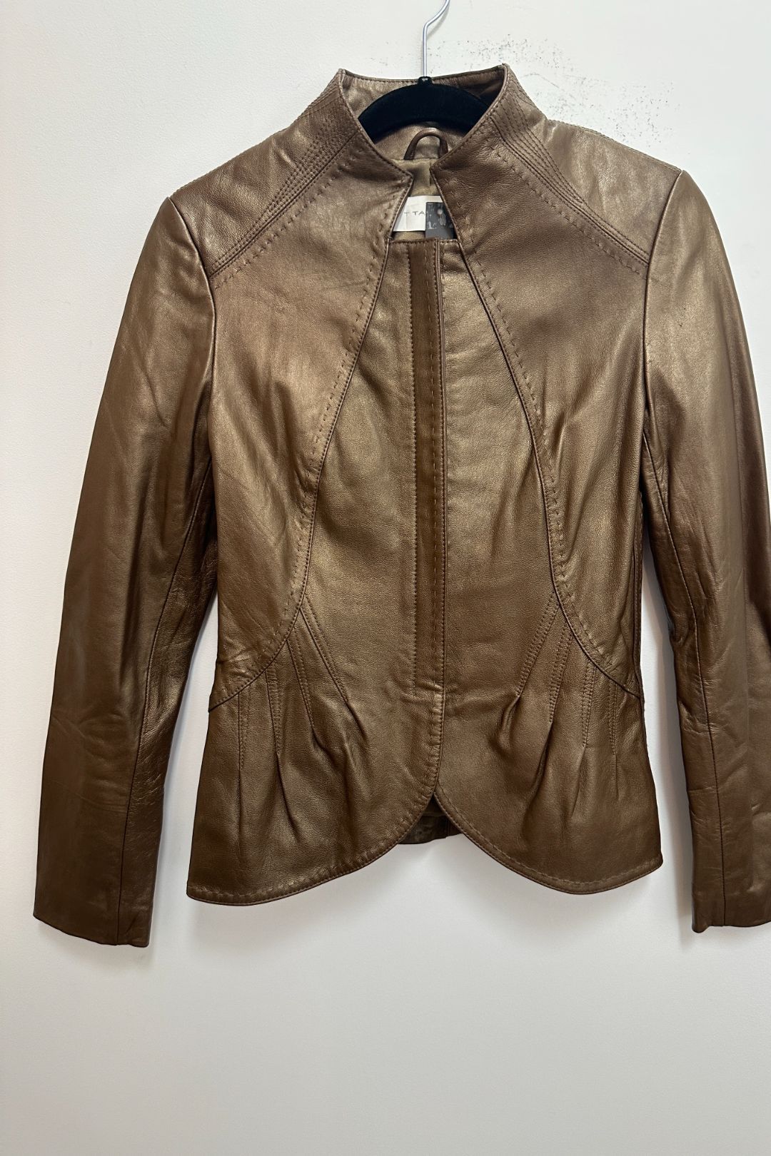 Elie Tahari  Bronze High Collar Leather Jacket 