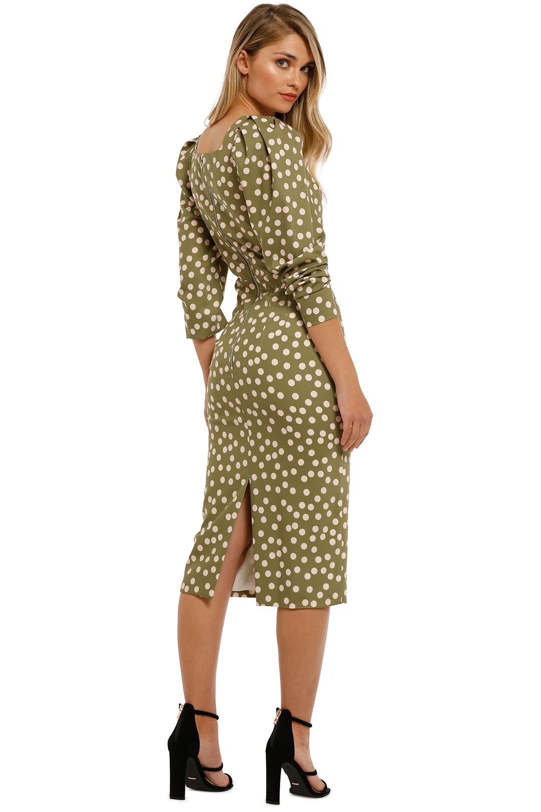 olive polka dot pleated wrap dress