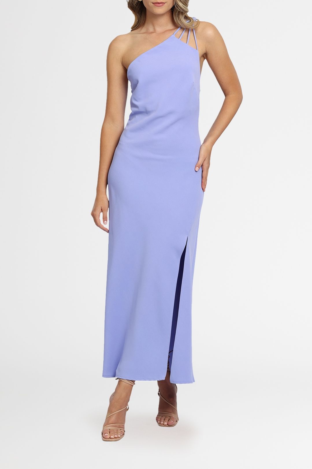 Arcelia | Black Asymmetric-Neck Midi Dress With Knot-Sleeve Detail