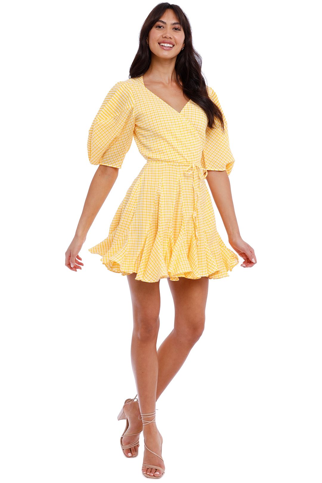 By Johnny Grid Wrap Mini Dress Yellow