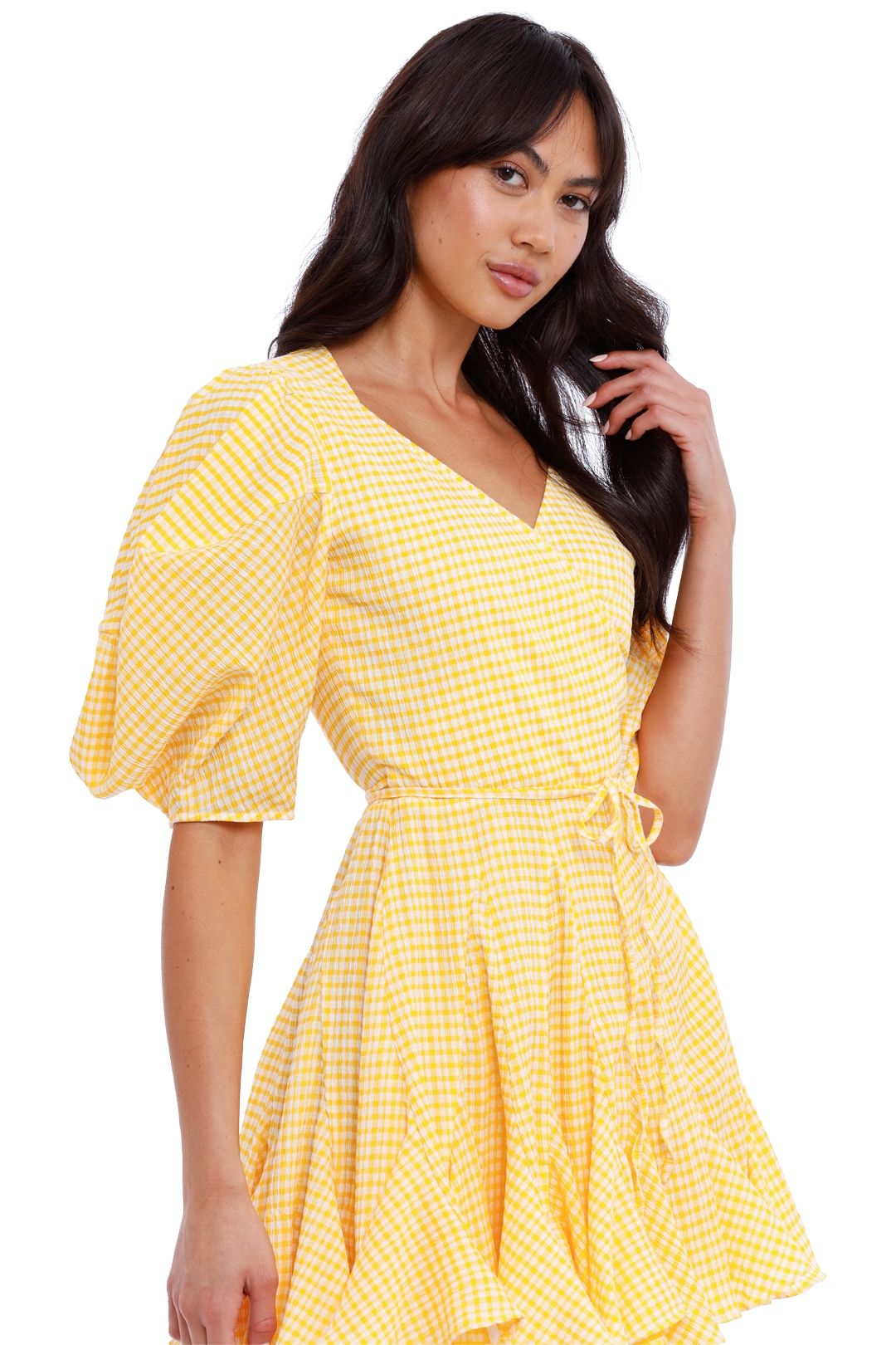 By Johnny Grid Wrap Mini Dress Yellow Short Sleeves