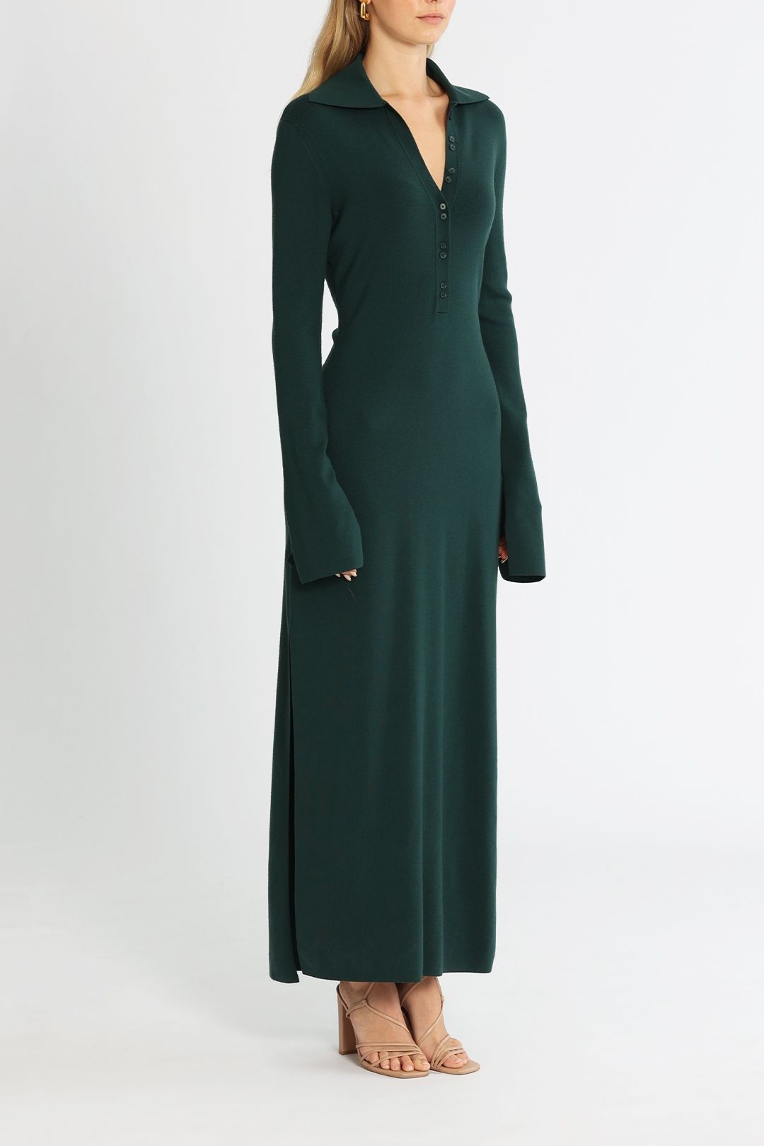 Camilla and Marc Novella Button Up Knit Dress Bottle Green V Neck
