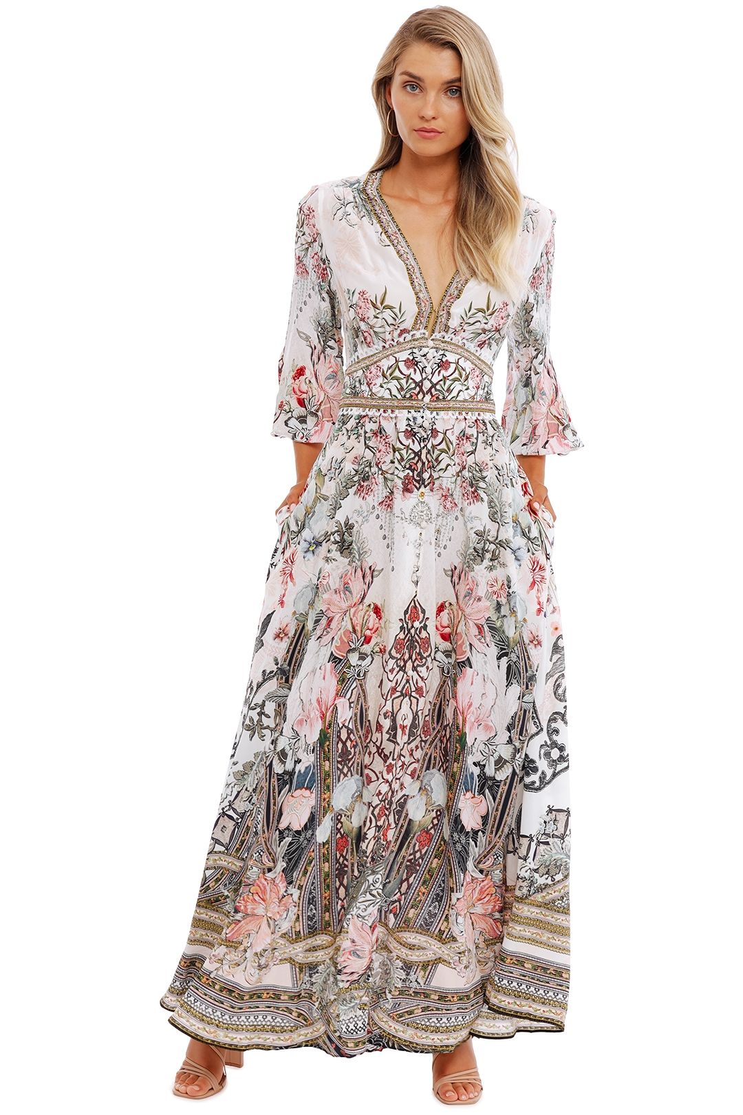 Camilla Button Dress with Shaped Waistband Romance Is Born print