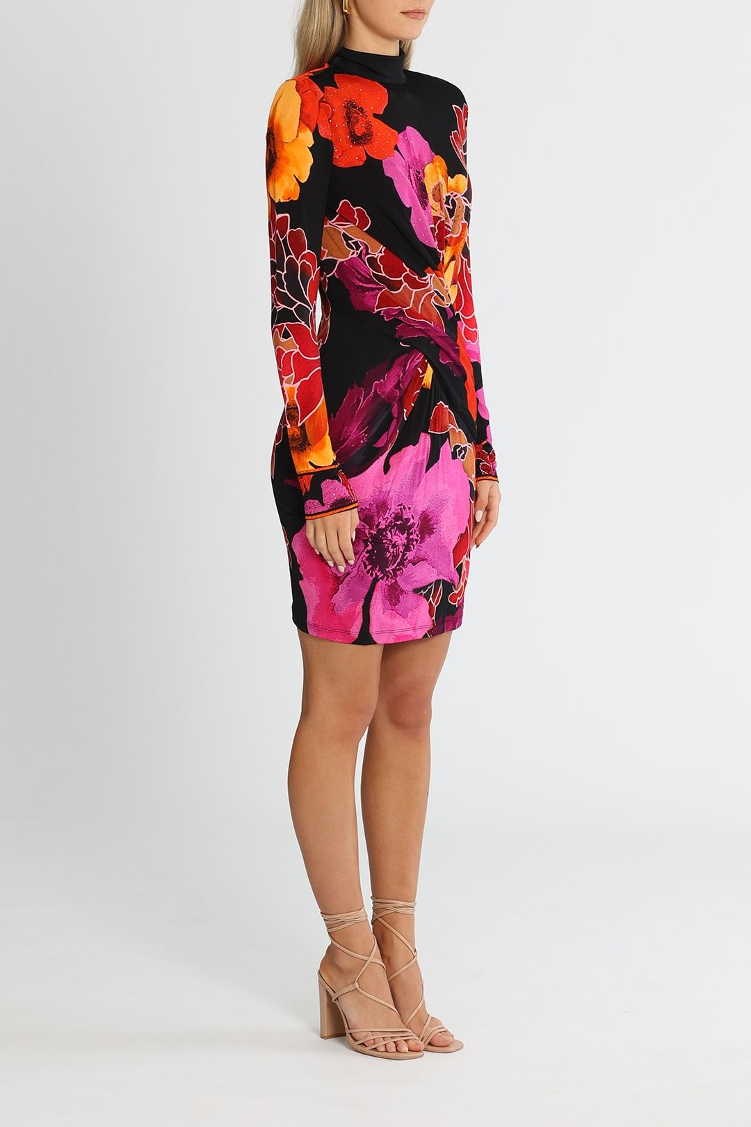 Camilla Cross Front Mini Dress Midnight Poppy High Neck