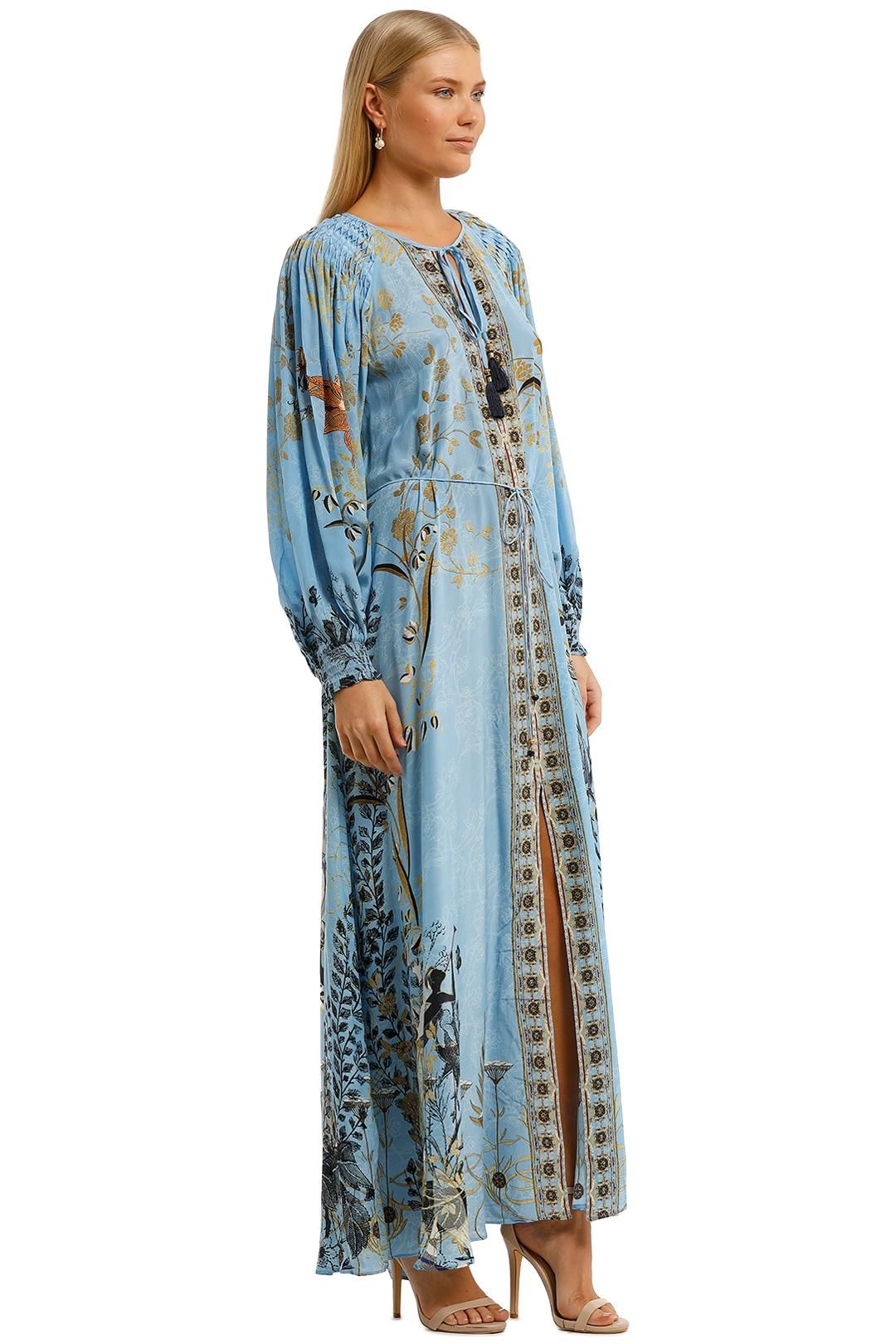 Camilla Dress With Smocked Sleeve Paster Blue Boho Print