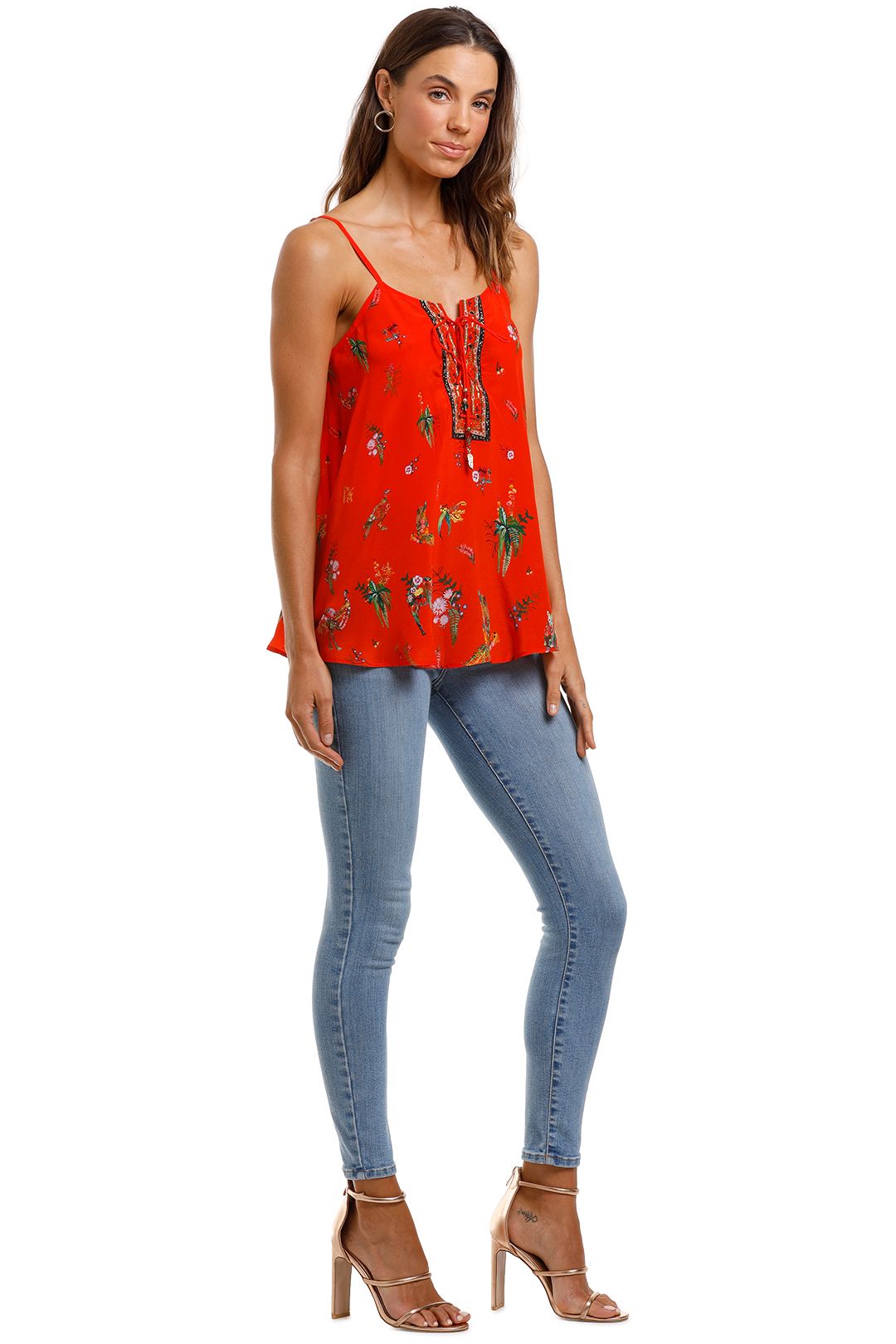 Camilla Lace Up Front Cami Red Tropical Print