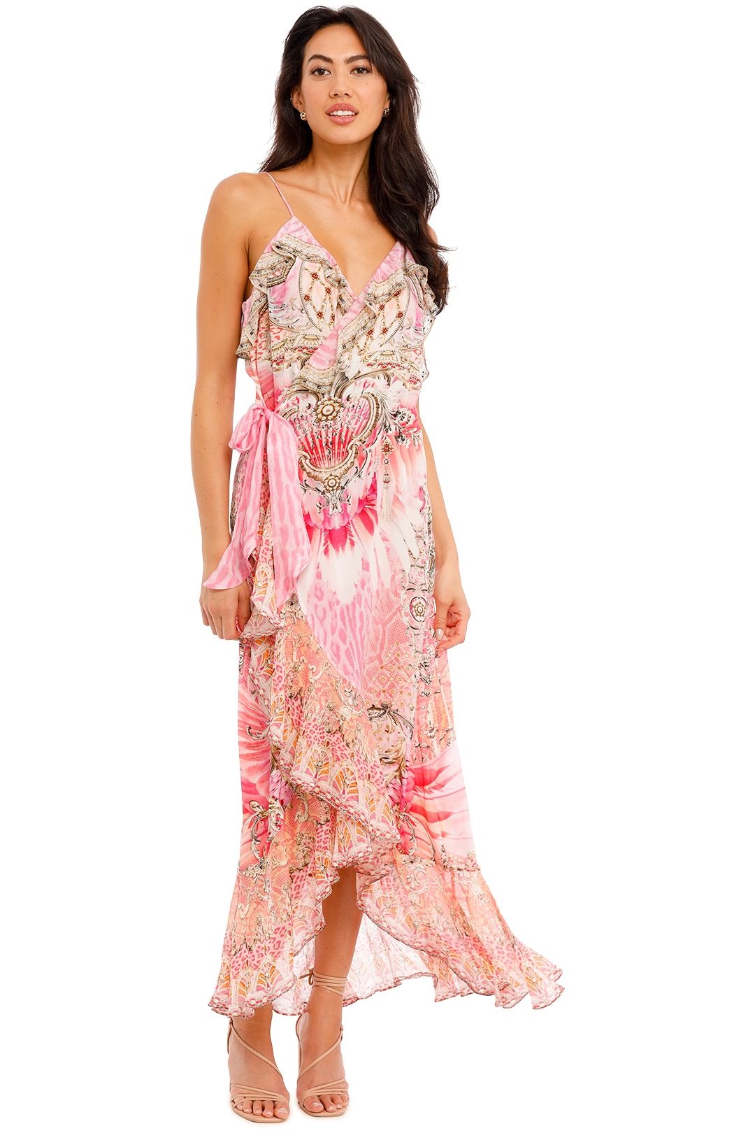Hire Long Wrap Dress With Frill in Deco 