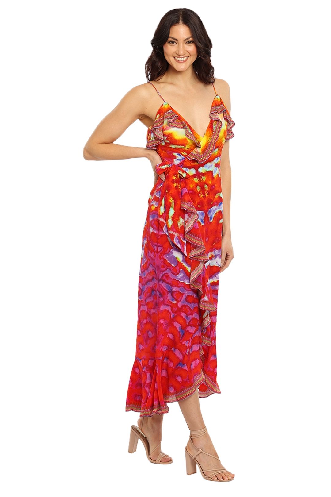 Camilla Midi Wrap Dress With Frill Banshee Beckons Red