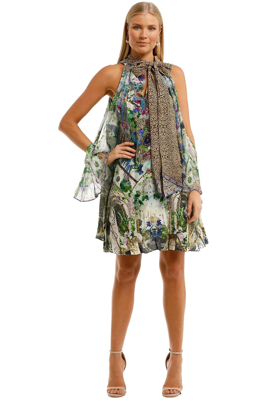 Camilla Neck Tie Short Dress Moon Garden Cold Shoulder