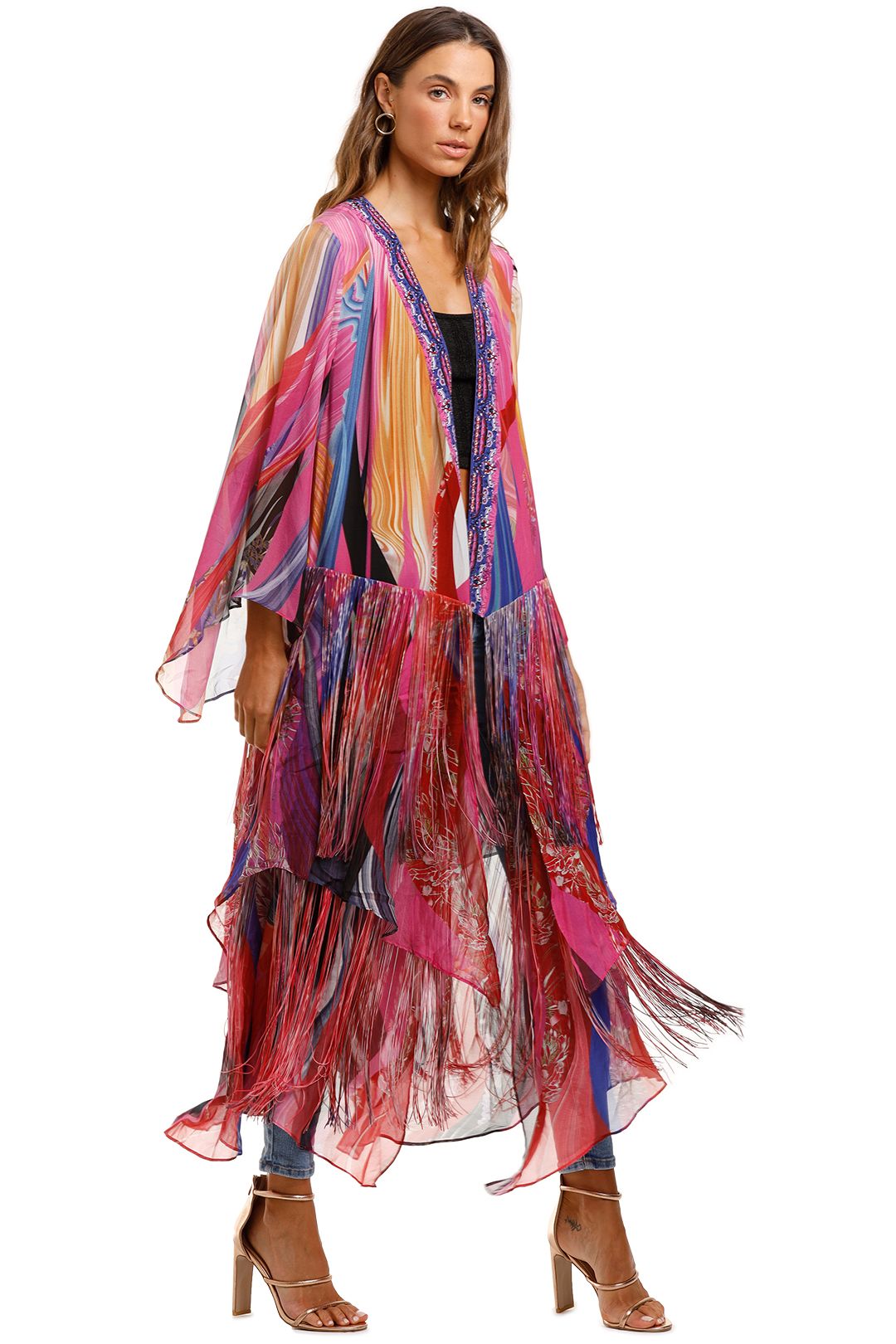 Camilla Robe With Double Layered Hem Folk River Pink Print