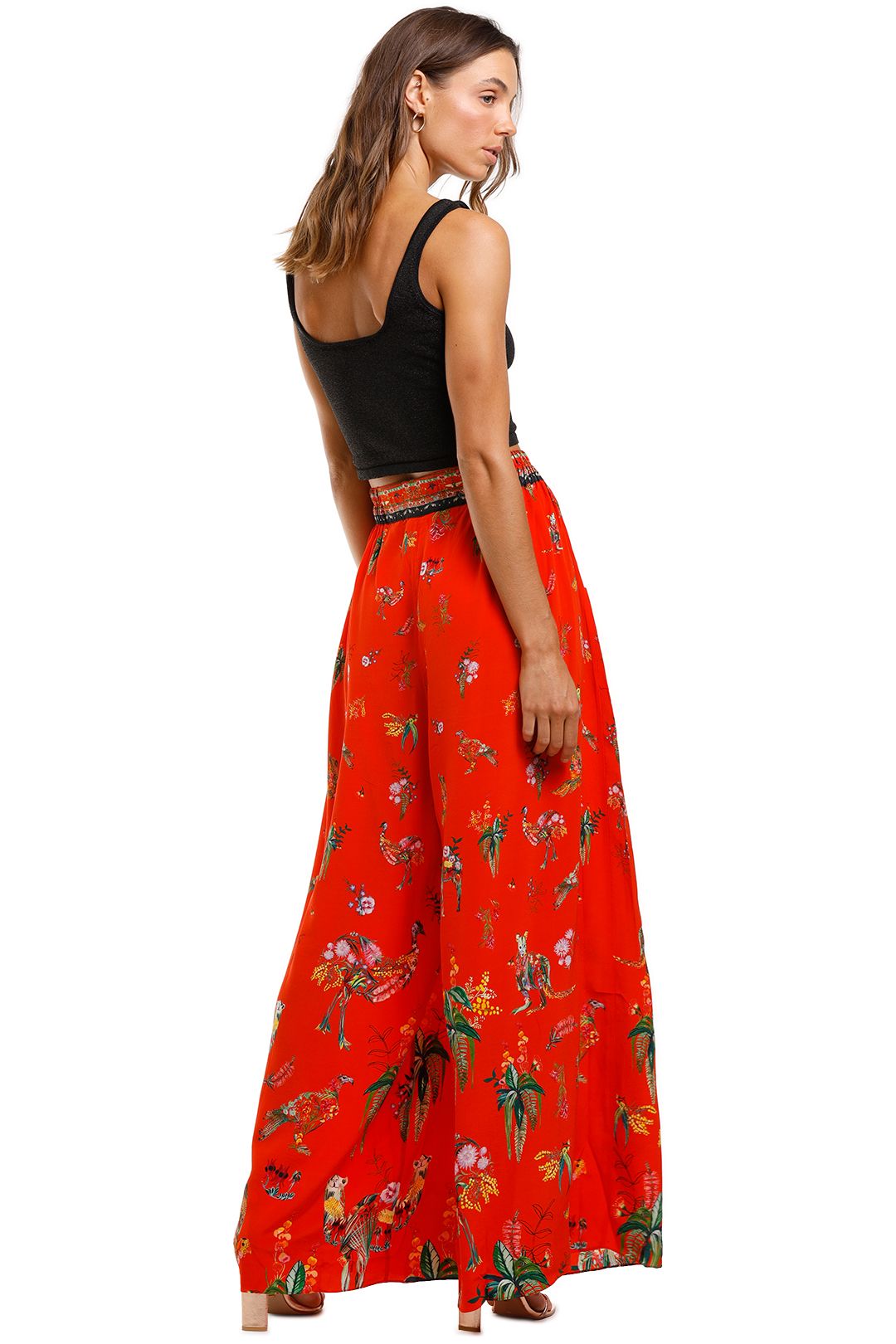 Camilla Wide Leg Pant With Gathered Pockets Cinema Paradiso Red Tropical Print