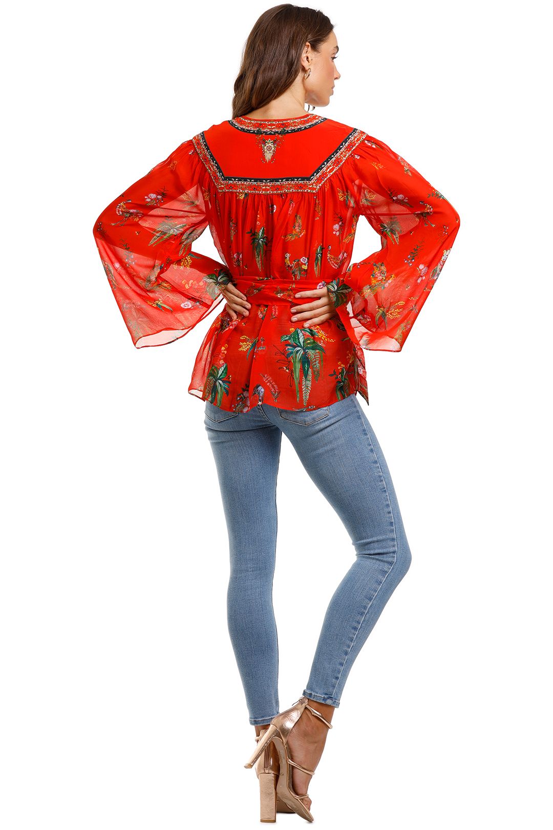 Camilla Wrap Blouse With Yoke Red Tropical Print
