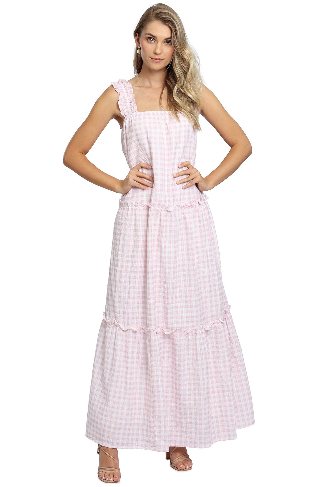 Charlie Holiday Lottie Maxi Dress Pink Gingham Pink Check
