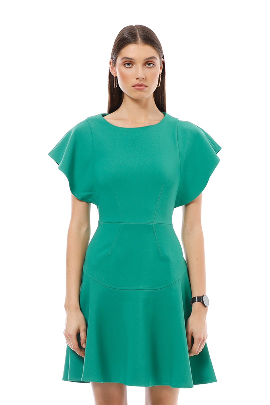 Closet London - Frill Sleeve Flared Dress - Green - Close Up