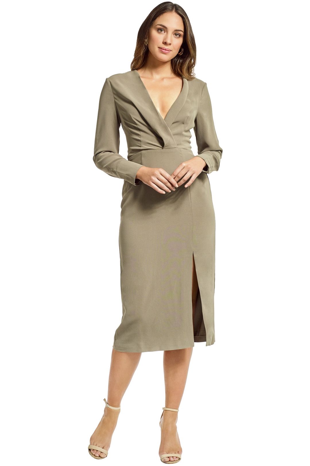Cmeo Collective - Questions LS Midi Dress - Khaki - Front