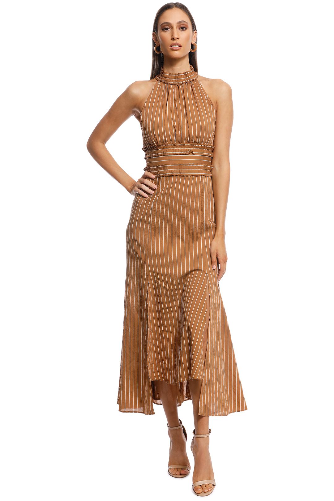 CMEO Collective - Suffuse Midi Dress - Tan Stripe - Front