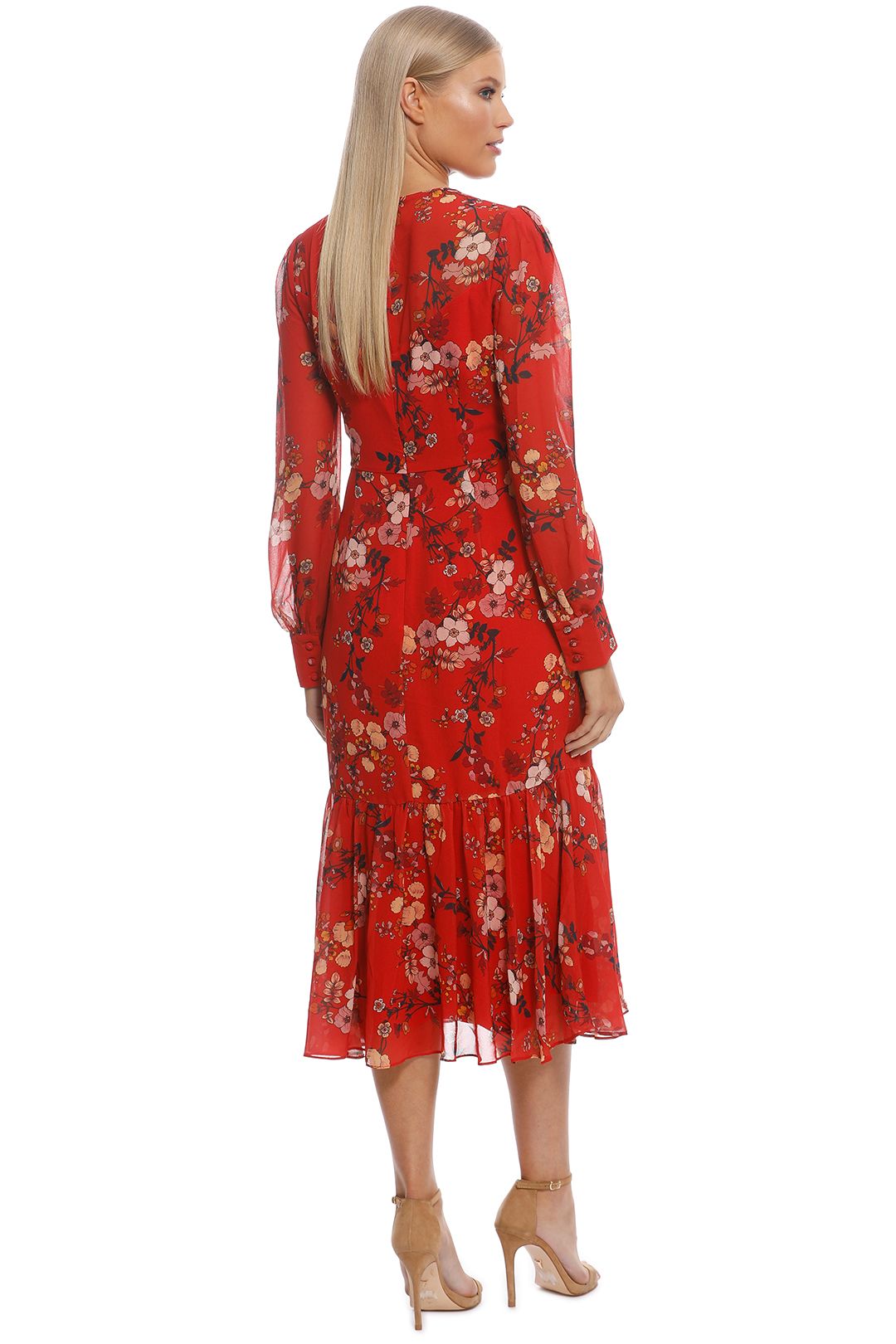 Cooper St - Disco Long Sleeve Fitted Midi Dress - Red - Back
