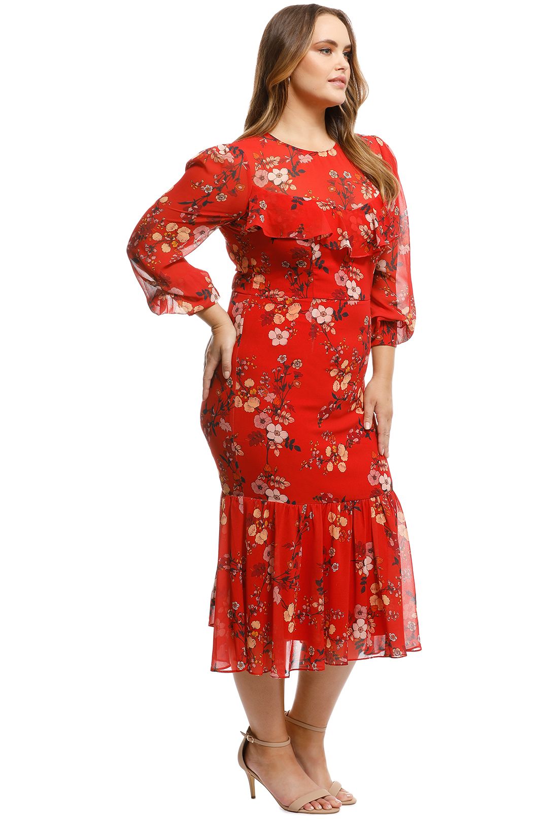 Cooper St - Disco Long Sleeve Fitted Midi Dress - Red - Side