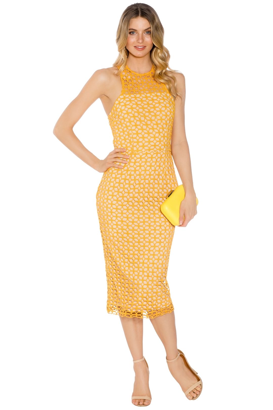 Karlie High Neck Lace Dress in Marigold by Cooper St for Hire