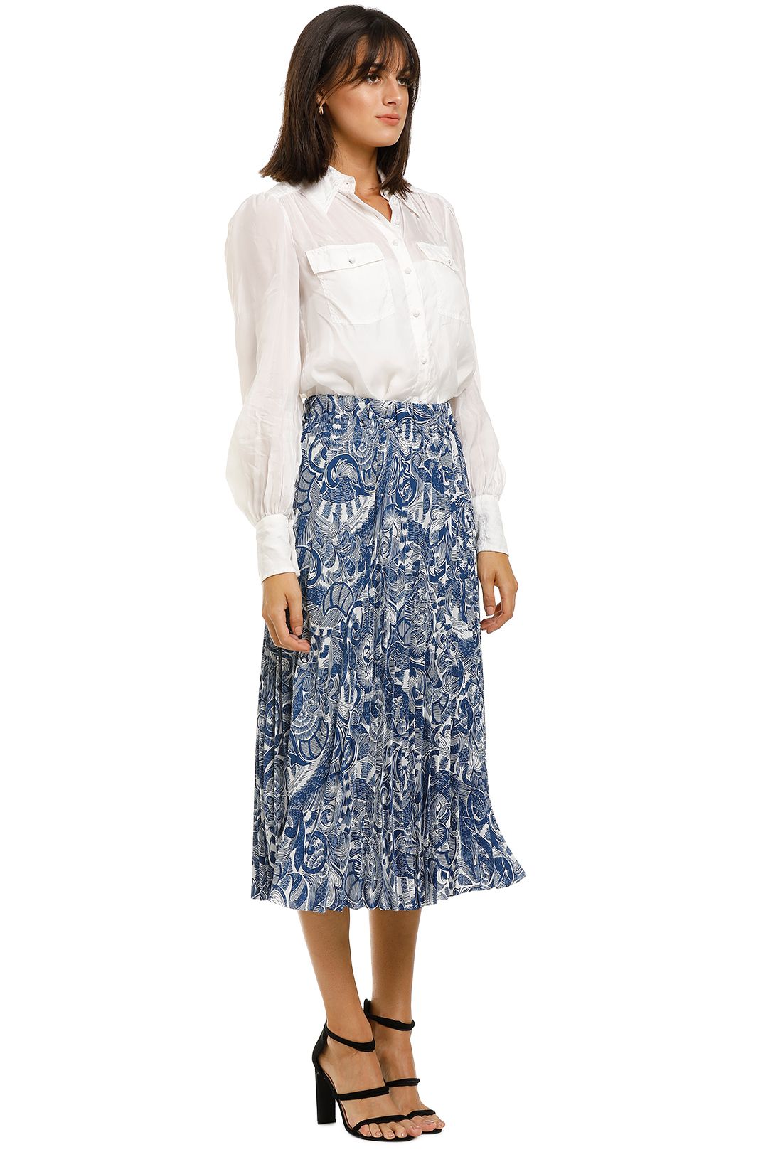 Countr-Road-Print-Pleat-Skirt-Deep-Blue-Front