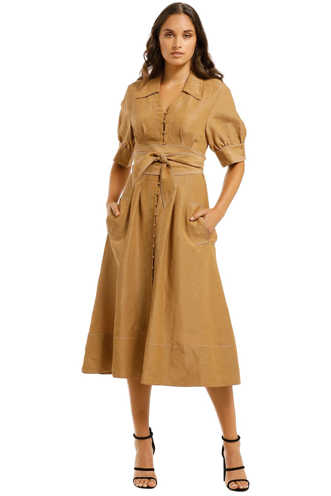 Country-Road-Contrast-Stitch-Dress-Camel-Front