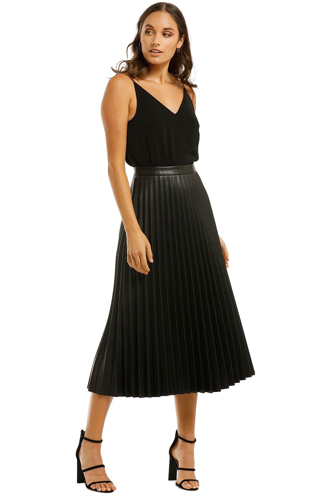 Country-Road-Pleated-Faux Leather-Skirt-Black-Front