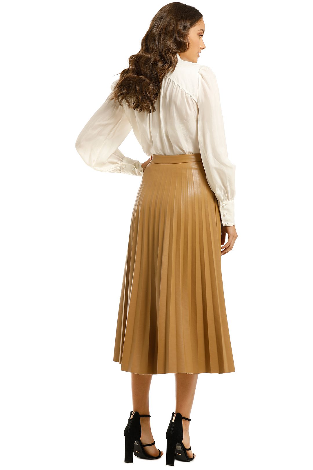 Pleated Faux Leather Skirt in Camel by 