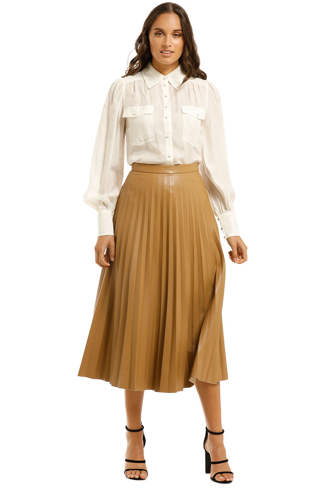 Country-Road-Pleated-Faux-Leather-Skirt-Camel-Front
