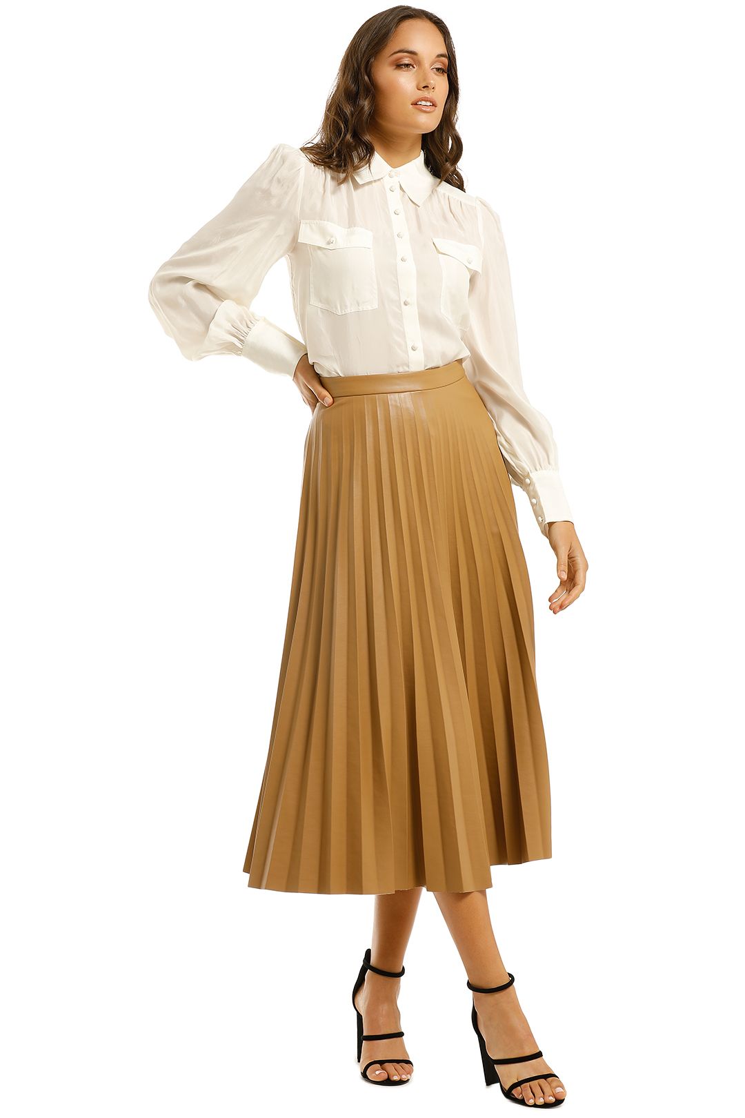 Pleated Faux Leather Skirt in Camel by Country Road for Hire GlamCorner