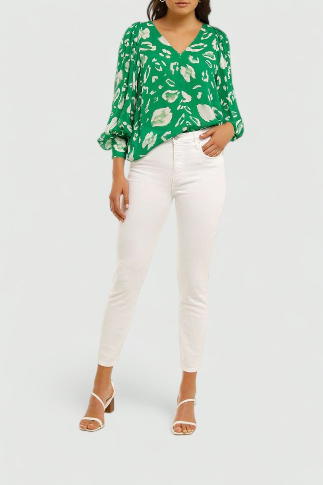 Country-Road-V-Neck-Print-Blouse-Vivid-Green-Front