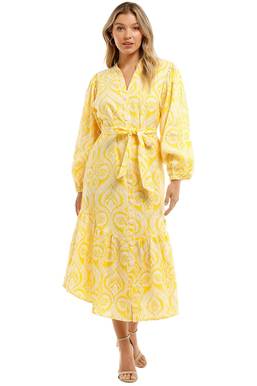 Country Road Print Yellow Wrap V Neck Long Sleeve Dress
