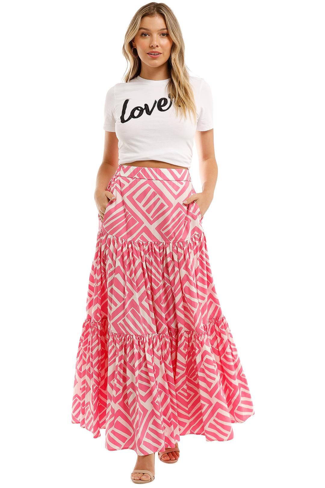 Country Road Print Tiered Maxi Skirt Pink