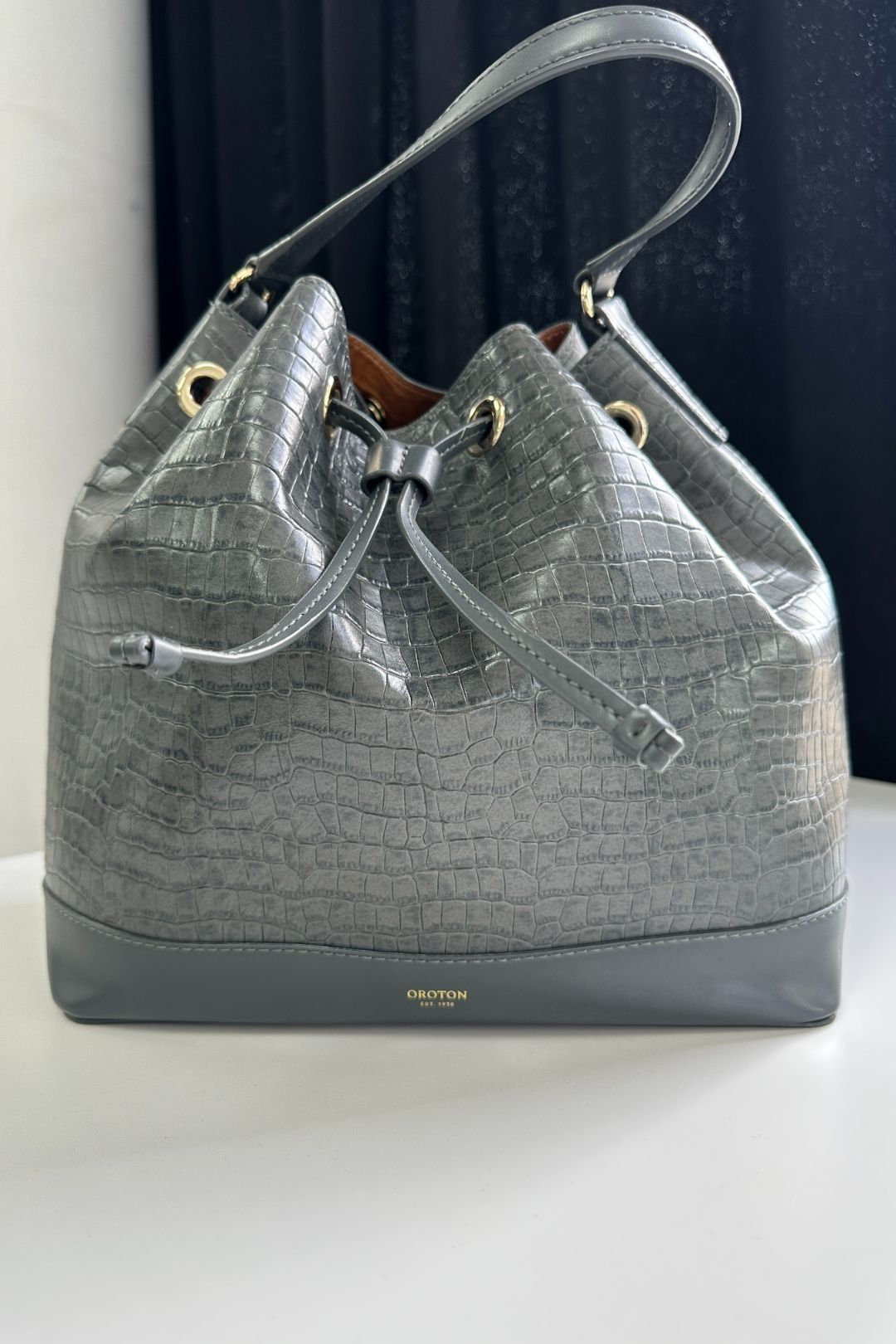 Buy Grey Croc Embossed Leather Bucket Bag Oroton GlamCorner