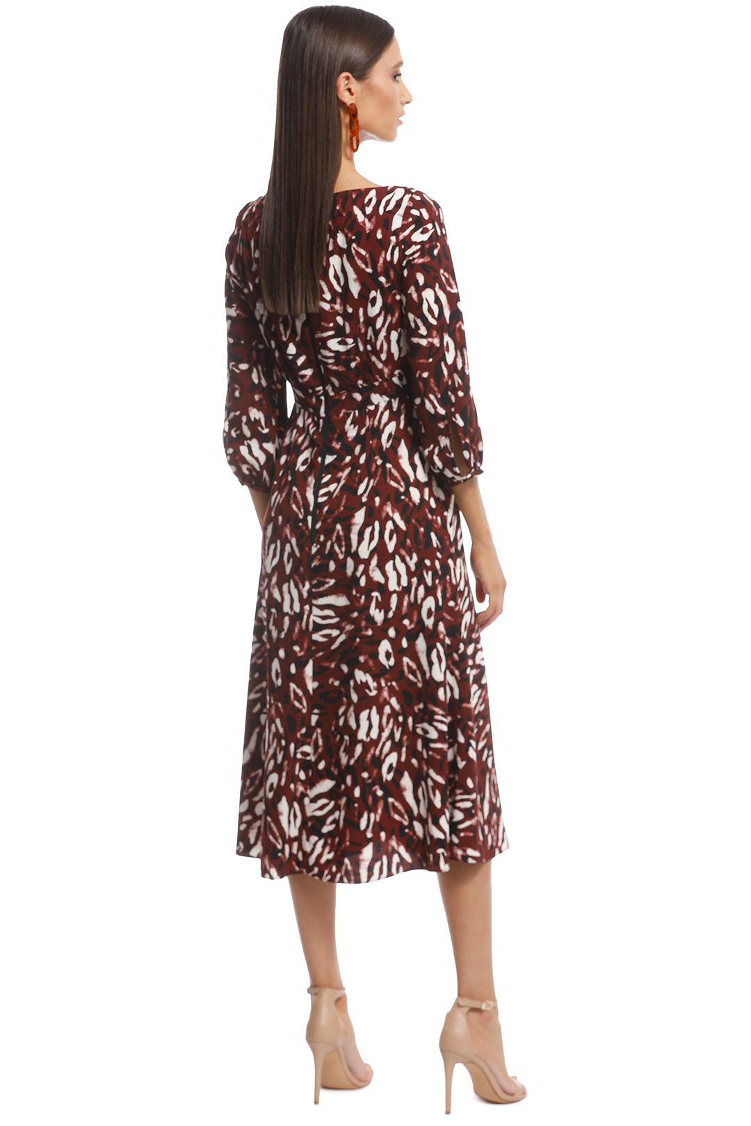 Cue - Abstract Leopard Boat Neck Dress - Burgundy - Back