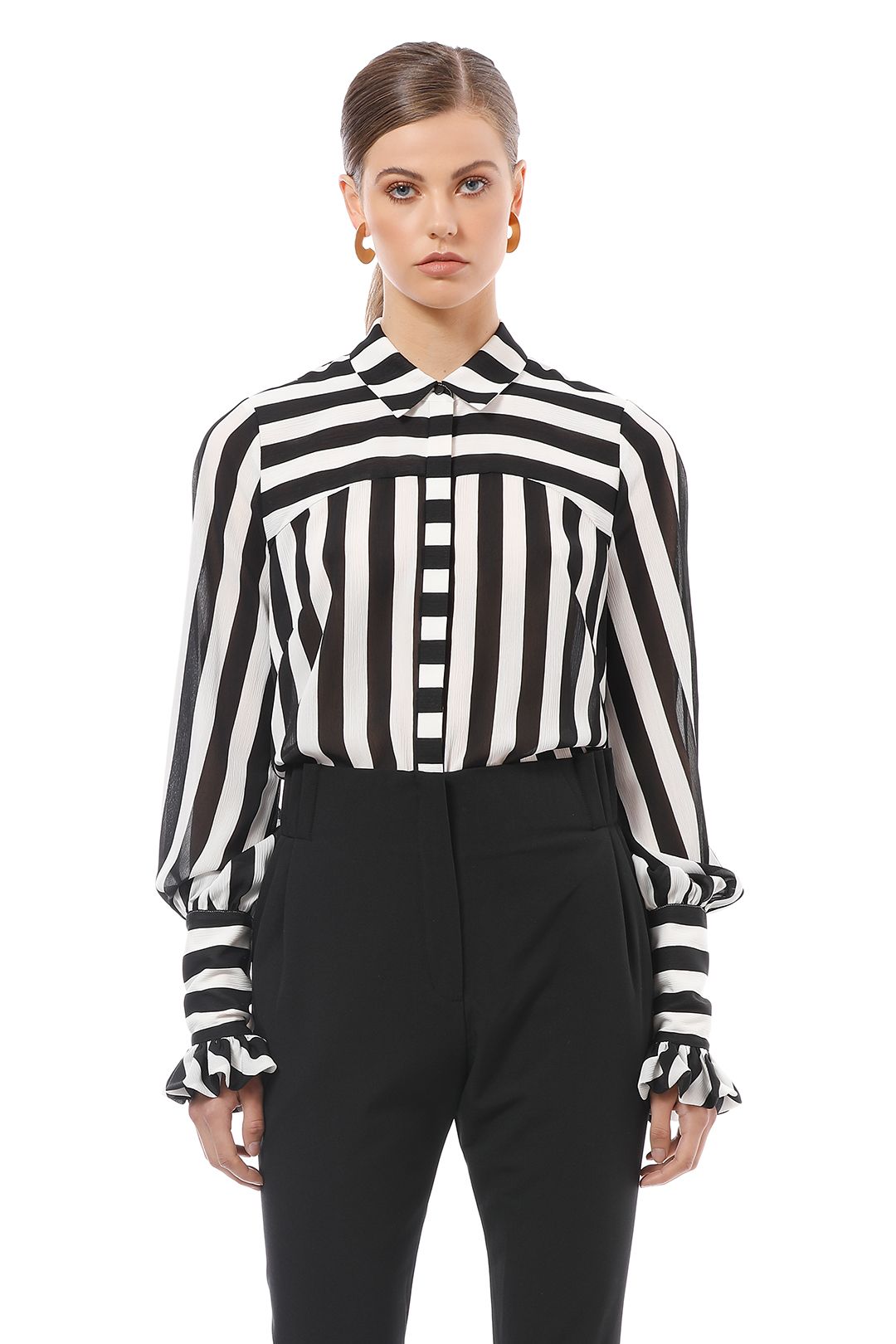 Cue - Bold Stripe Crinkle Georgette Shirt - Black White - Front Detail