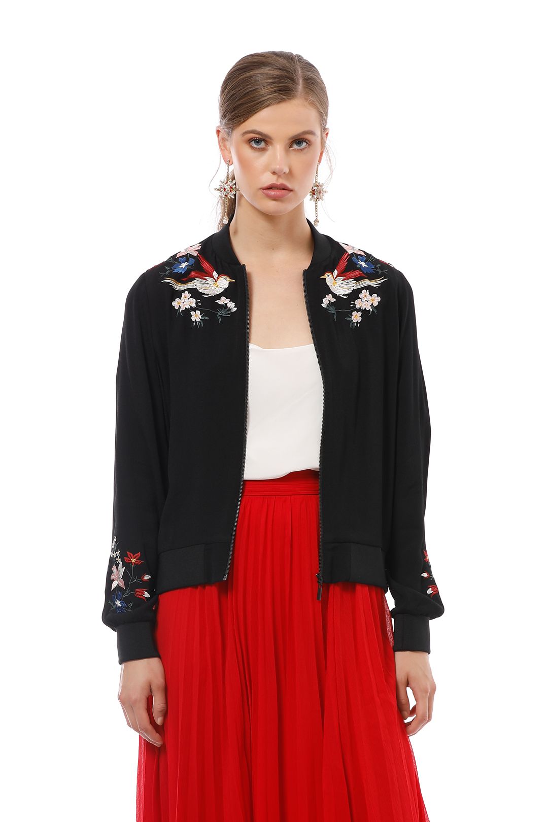 Cue - Crepe Embroidered Bomber - Black - Close Up
