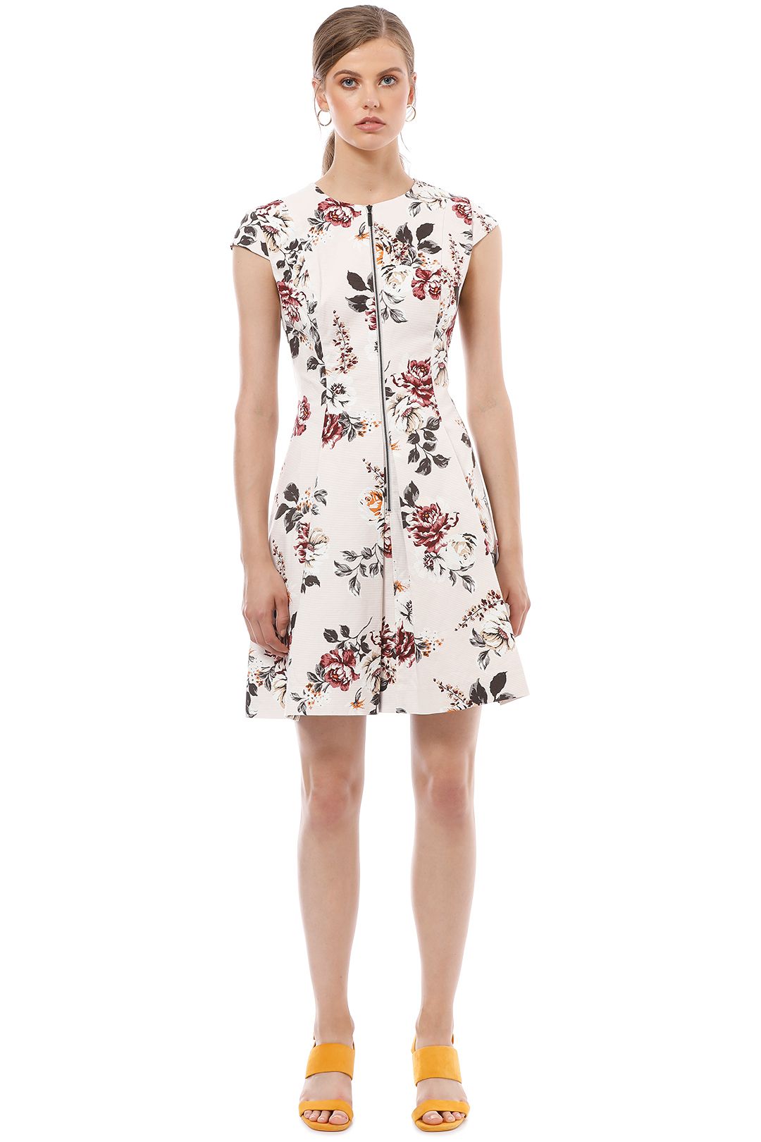 Cue - Floral Ottoman Zip Front Dress - Cream Floral - Front