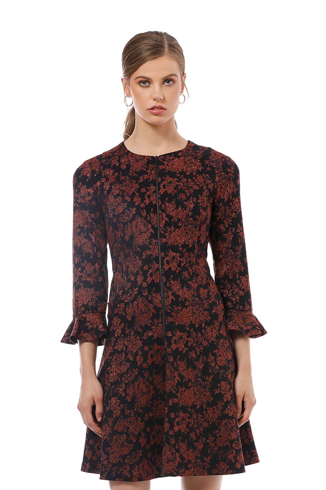 Cue - Metallic Floral Jacquard Dress - Red Print - Close Up