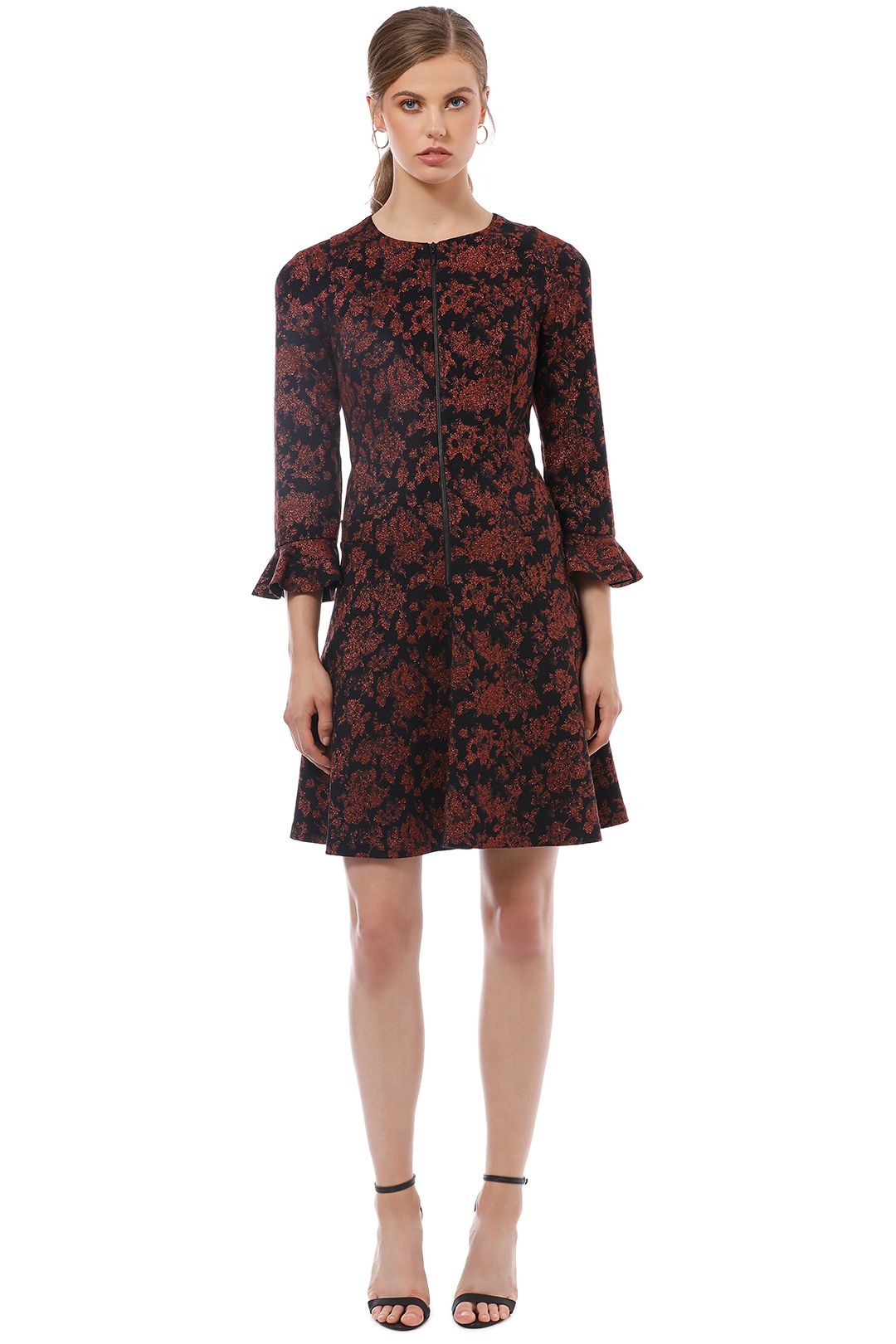 Cue - Metallic Floral Jacquard Dress - Red Print - Front