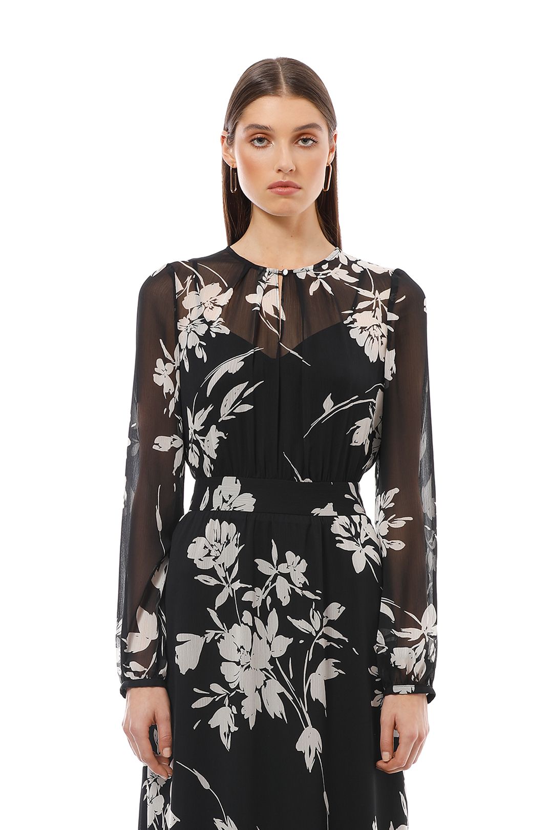 Cue - Monochrome Floral Midi Dress - Black - Close Up