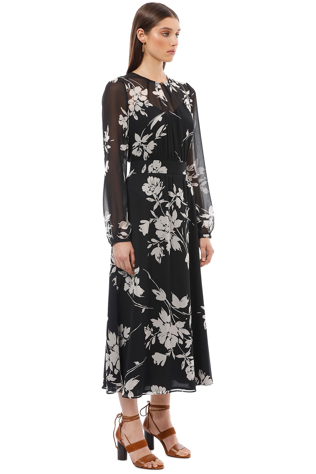 Cue - Monochrome Floral Midi Dress - Black - Side