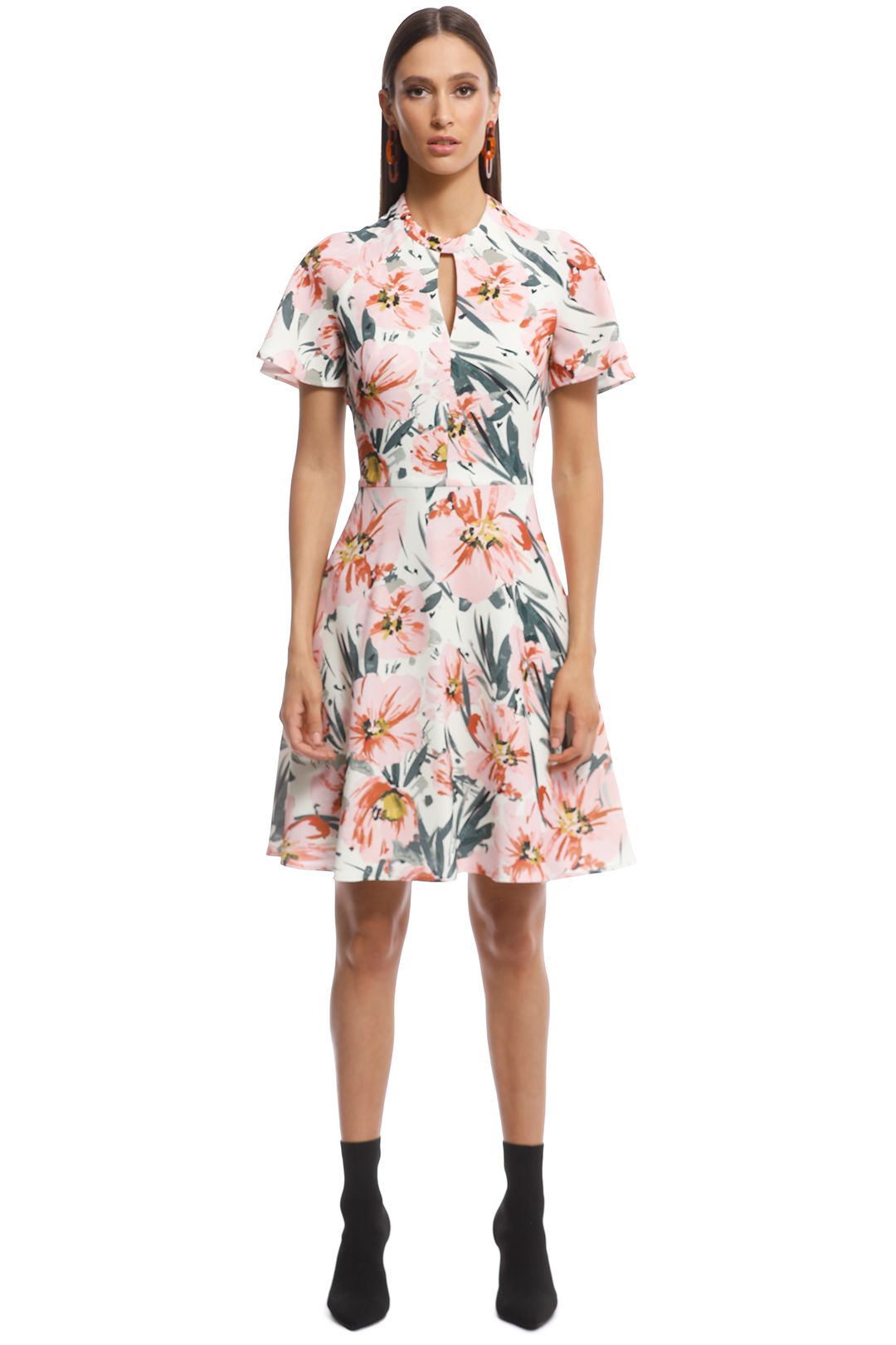 Cue - Painted Floral Tucked Sleeve Dress - Blush - Front