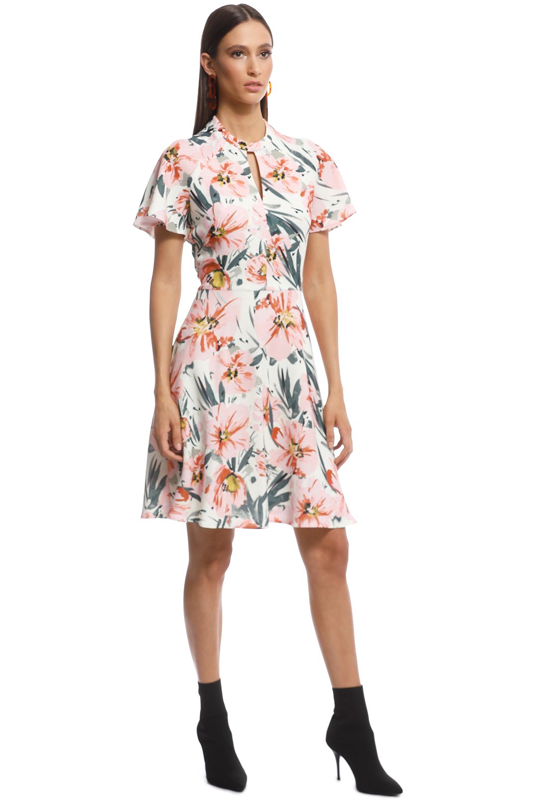 Cue - Painted Floral Tucked Sleeve Dress - Blush - Side