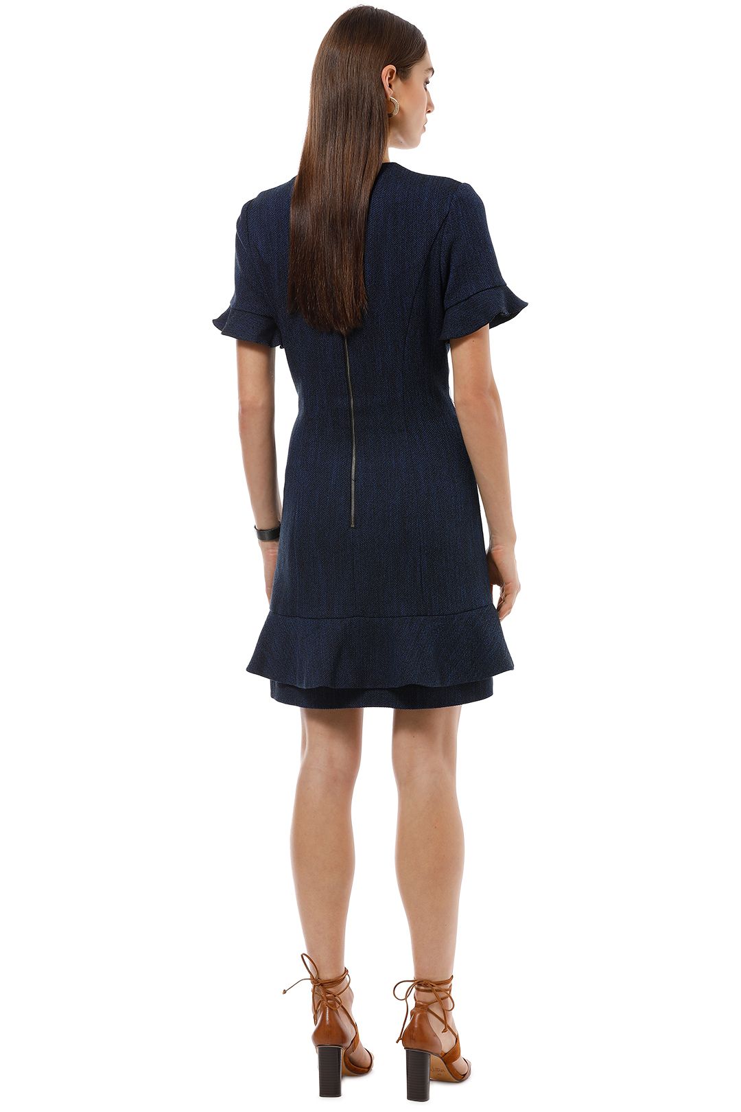 Cue - Tweed Asymmetric Frill Dress - Blue - Back