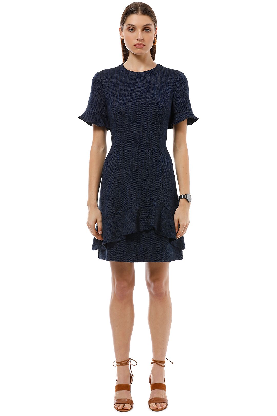 Cue - Tweed Asymmetric Frill Dress - Blue - Front