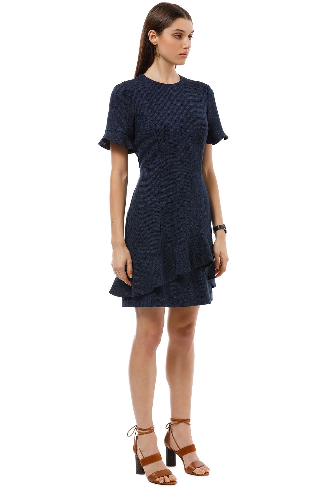 Cue - Tweed Asymmetric Frill Dress - Blue - Side